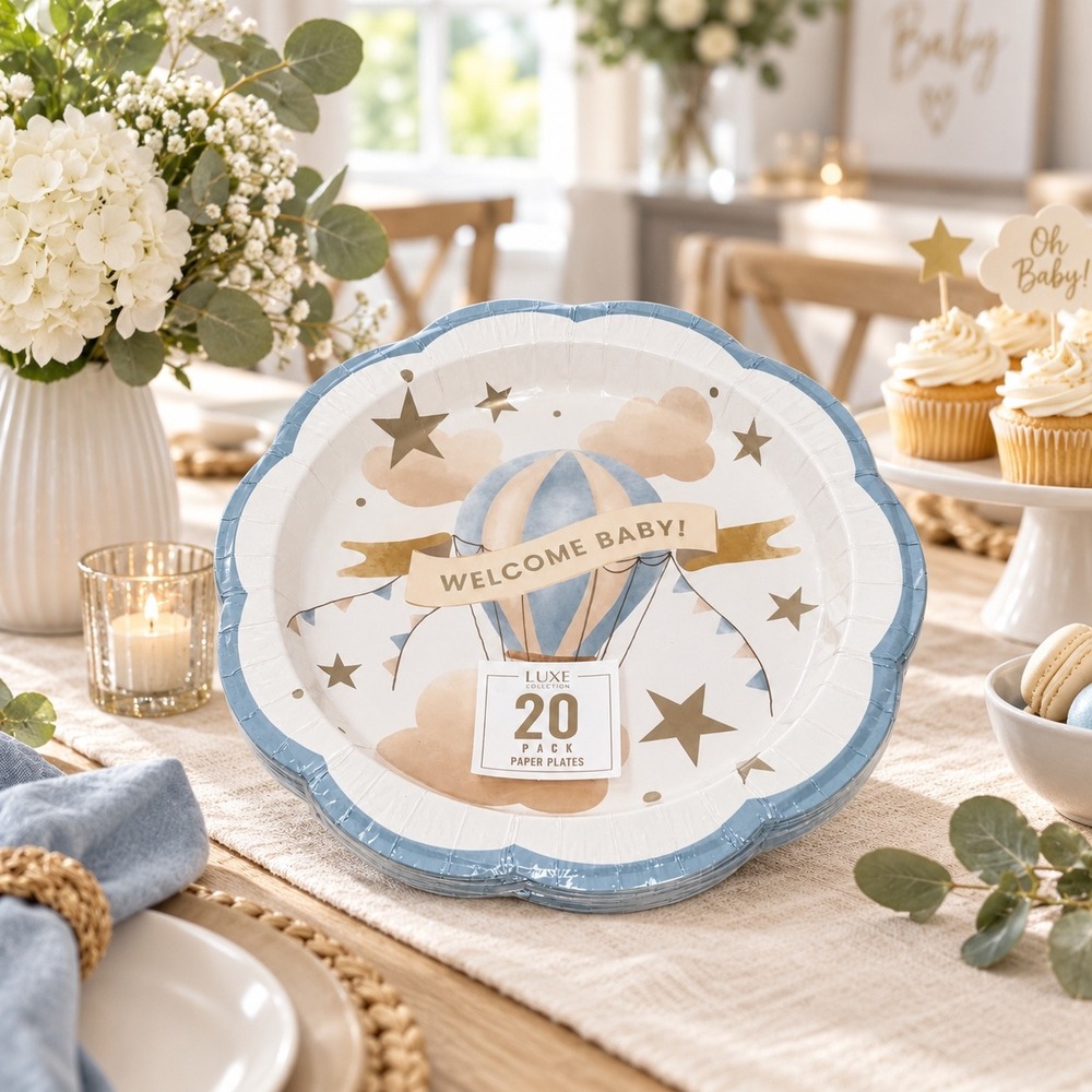 Luxe Collection Welcome Baby Hot Air Balloon Paper Plates 20 Pk Blue Gold 110-82